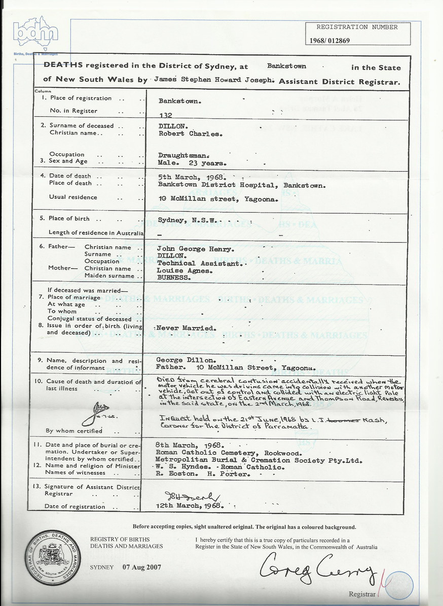 Documents Death Certificate Robert Charles Dillon John and Julie